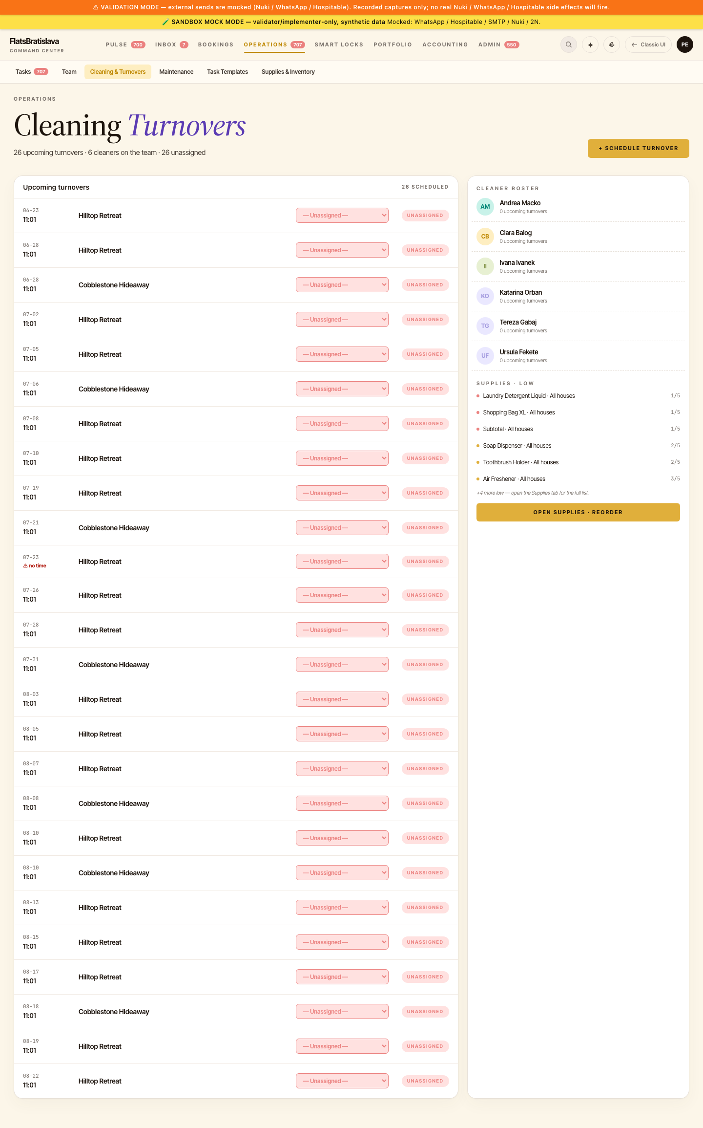 V28 Cleaning Turnovers — Upcoming list + Cleaner Roster + Schedule Turnover
