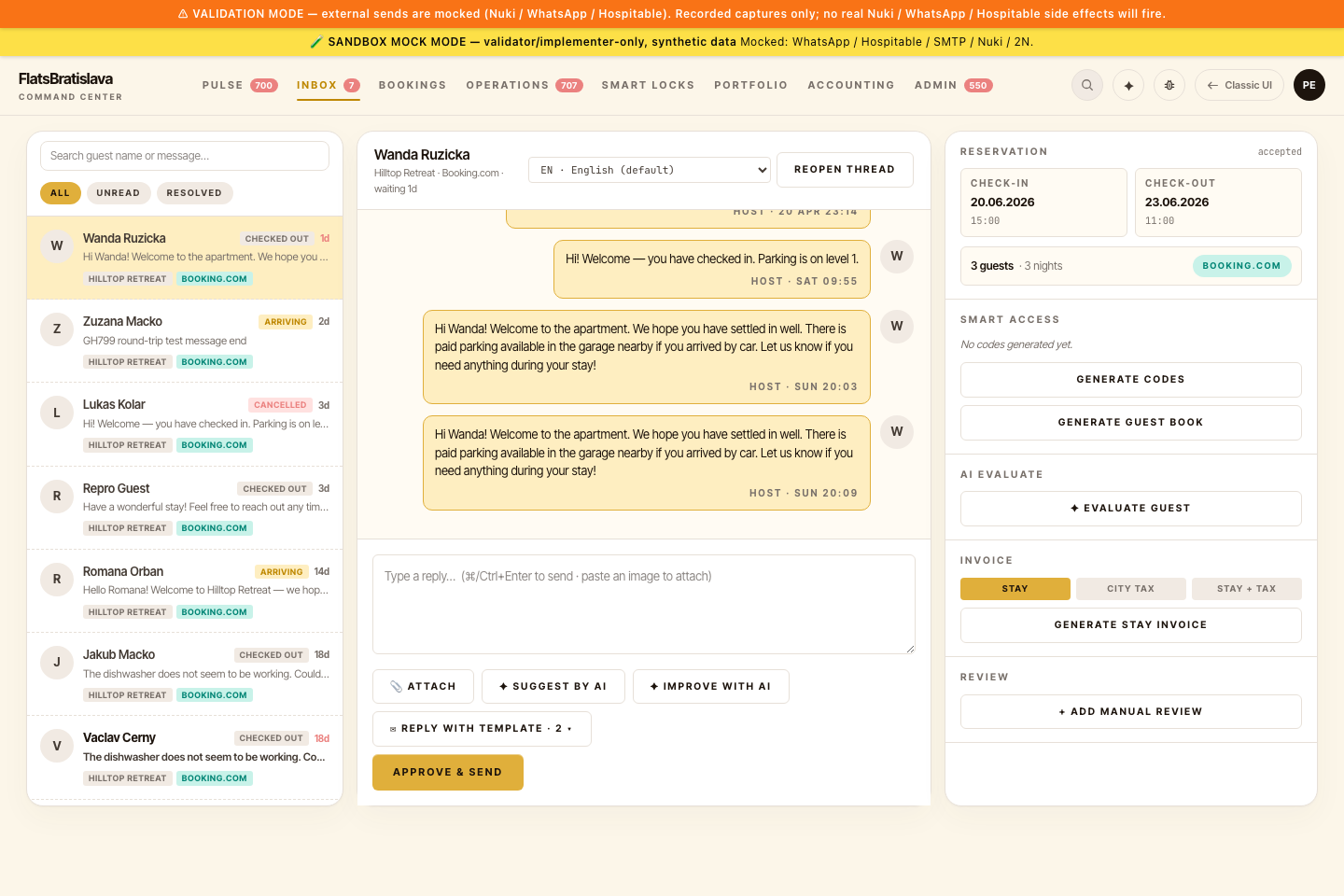 V28 Inbox — guest thread with composer + property/reservation context panel