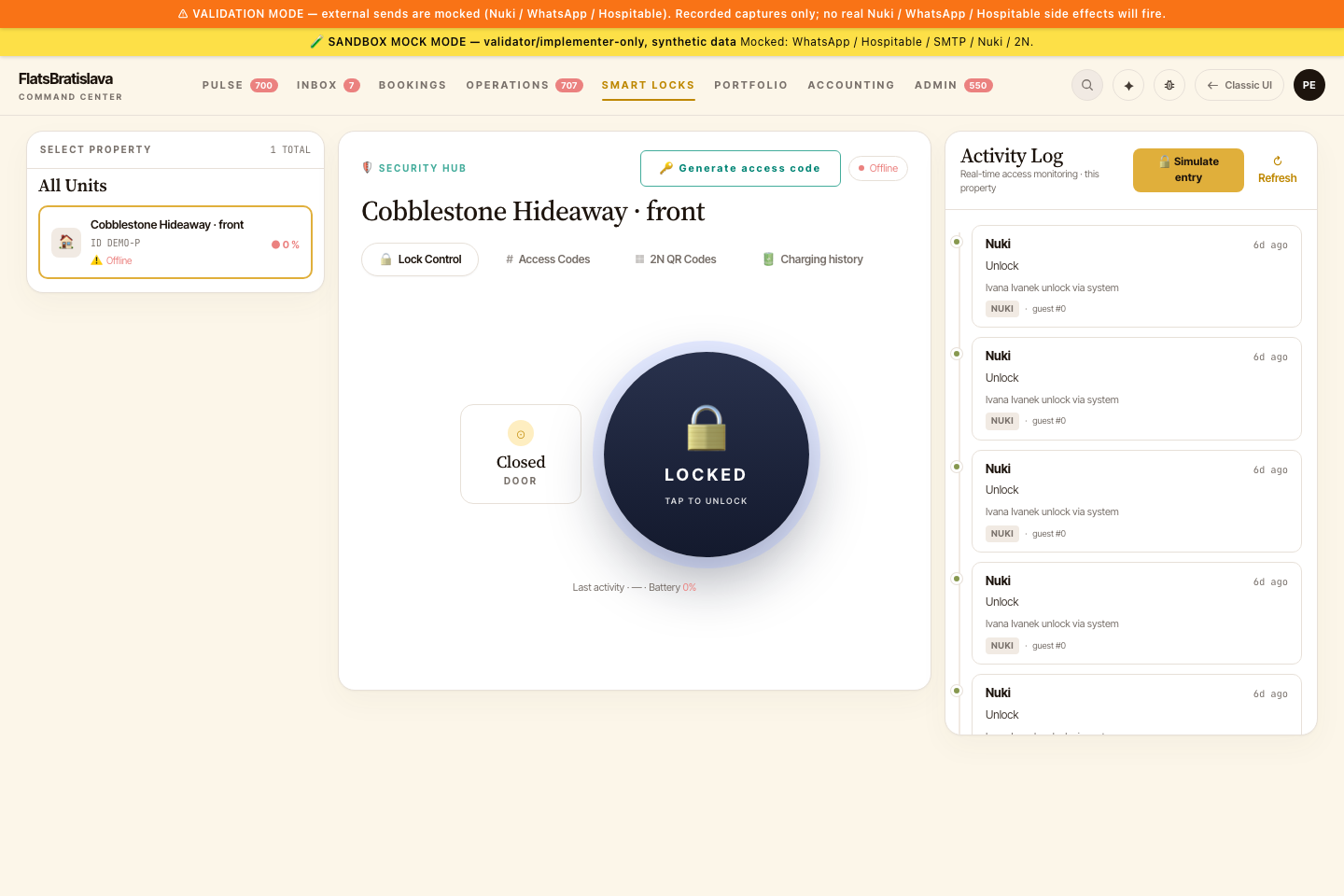 V28 Smart Locks — Lock Control + Codes + 2N QR + Charging history with Simulate-entry button