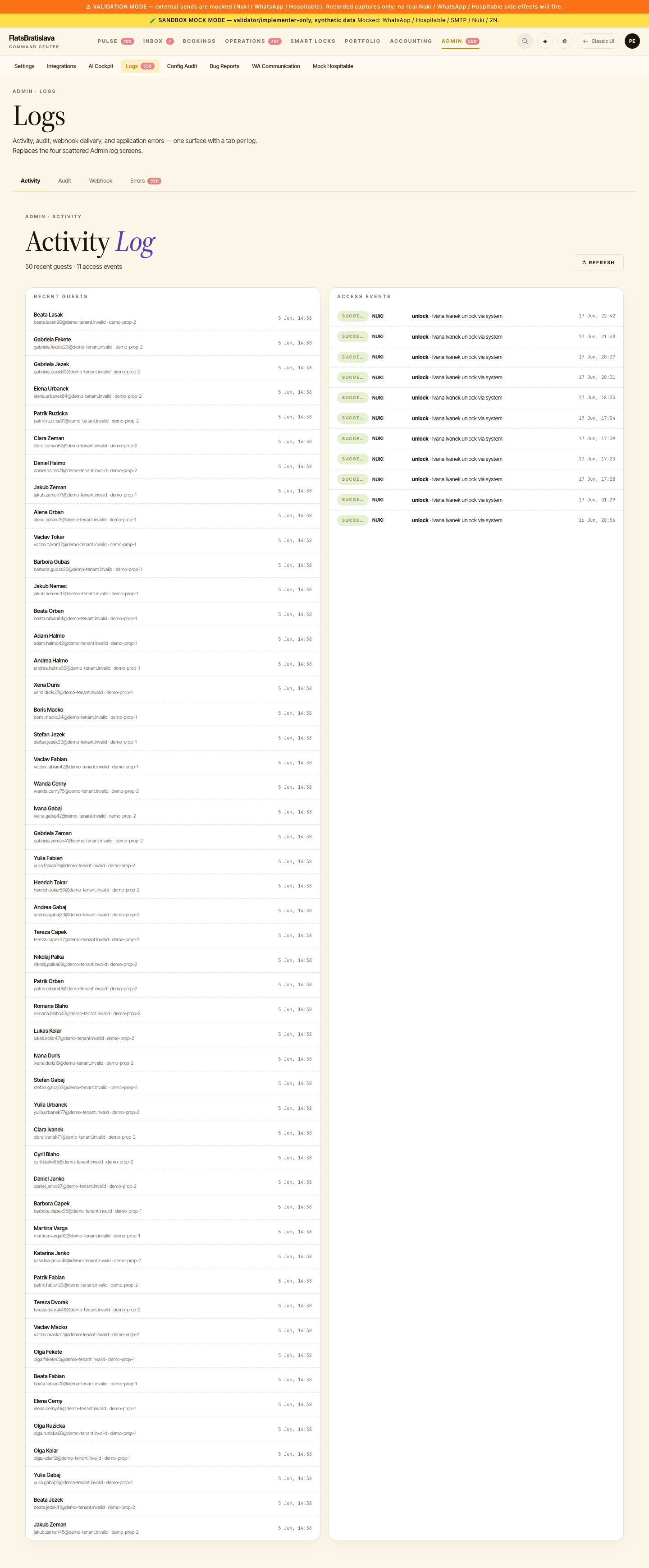 V28 Logs — consolidated Activity / Audit / Webhook / Errors under one nav